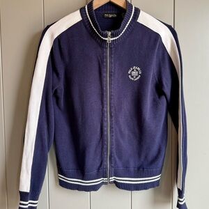 Vtg Polo Jeans Ralph Lauren Sweater Womens Full Zip Varsity Stripe Medium Navy